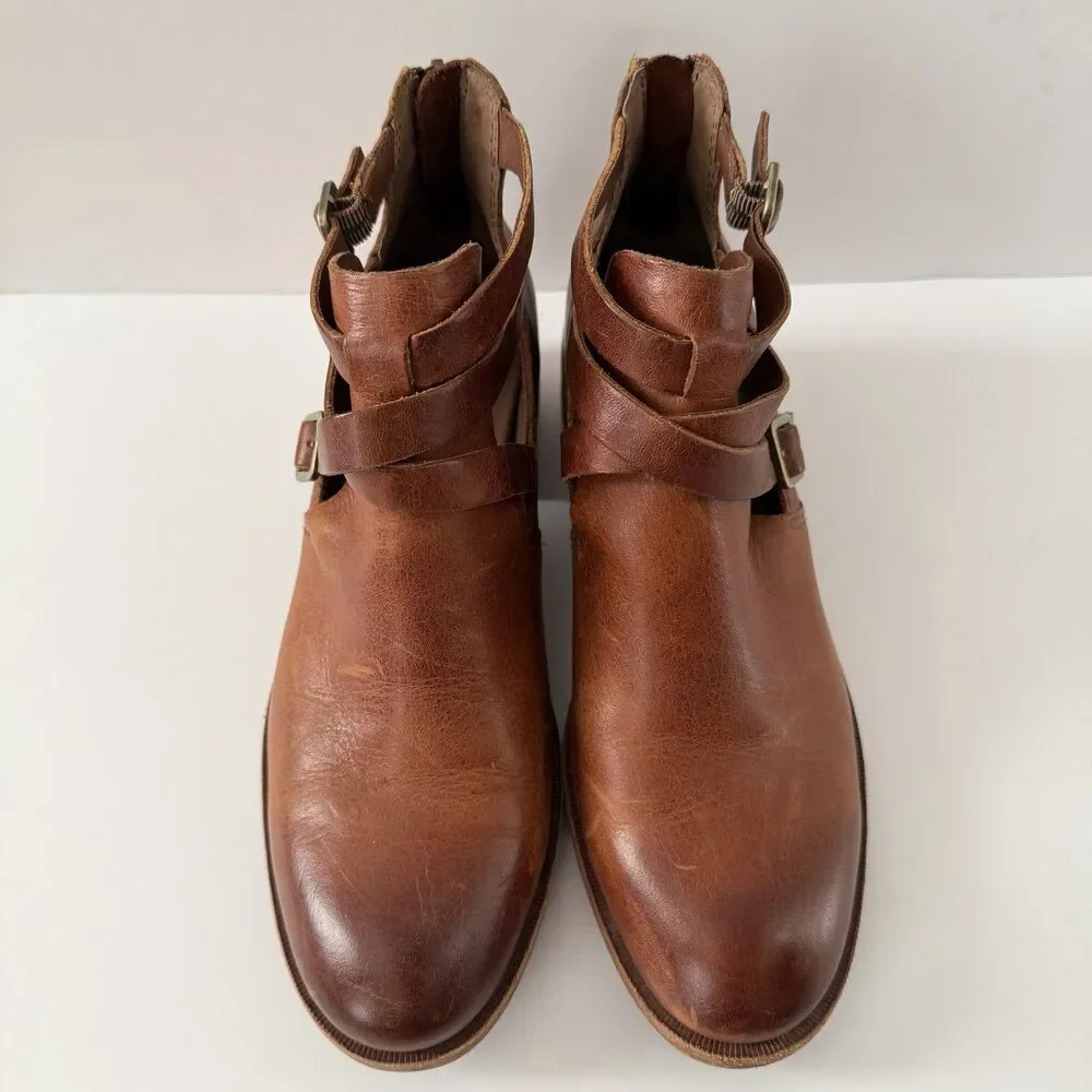Kork-Ease Jardin Brown Leather Strappy Cut Out Ankle Booties Block Heel Size 8